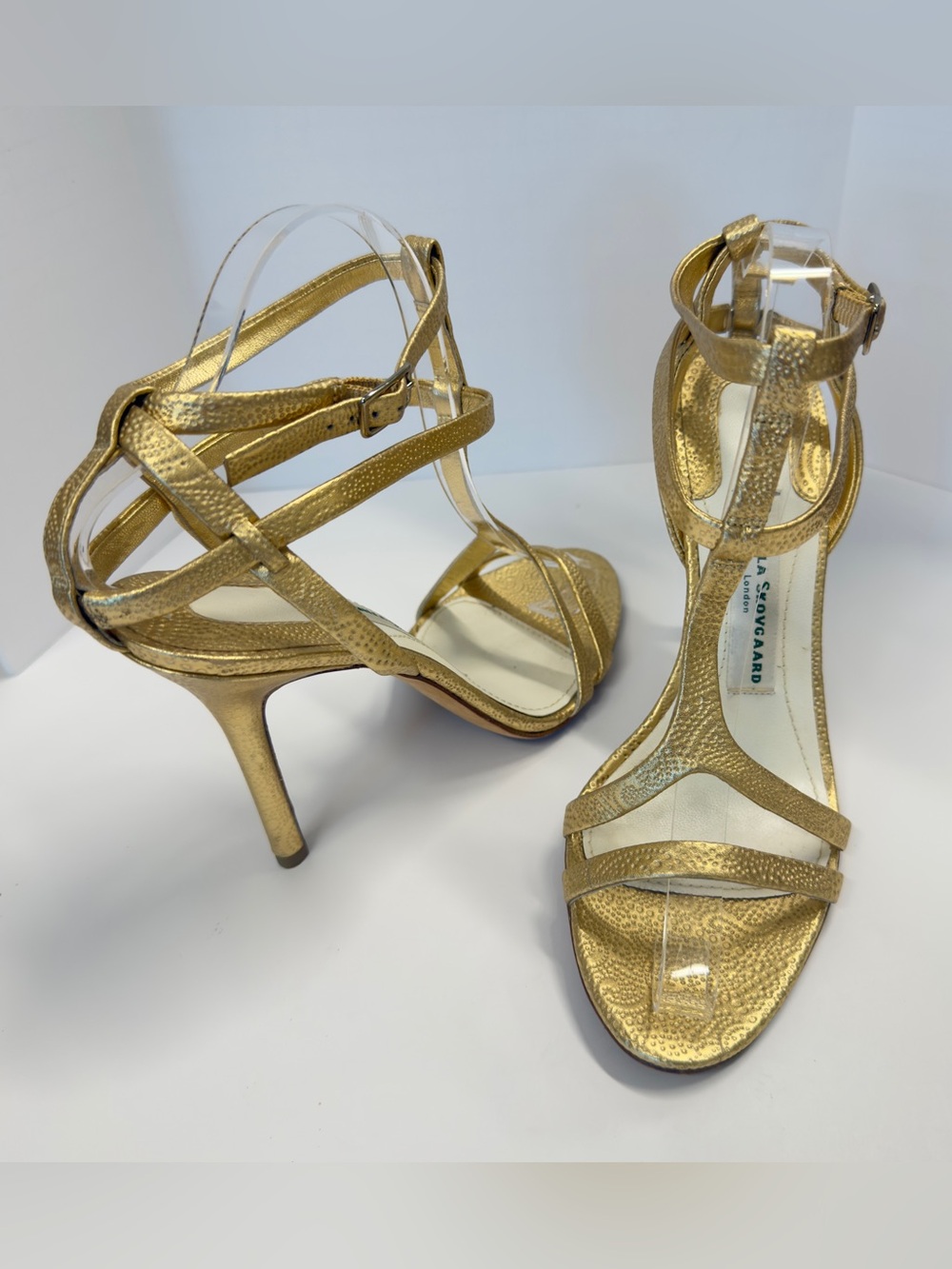 Camilla Skovgaard Gold Perforated Metallic Leather T-Strap Cage Sandals 9.5